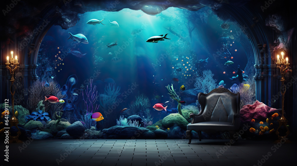 Enter the Enchanting Underwater Realm - Immerse Yourself in the Mesmerizing 3D Effect Wall with Wild Illustration Background. 3D Interior Mural for Home Wall art Decor Wallpaper. submarine world - obrazy, fototapety, plakaty 