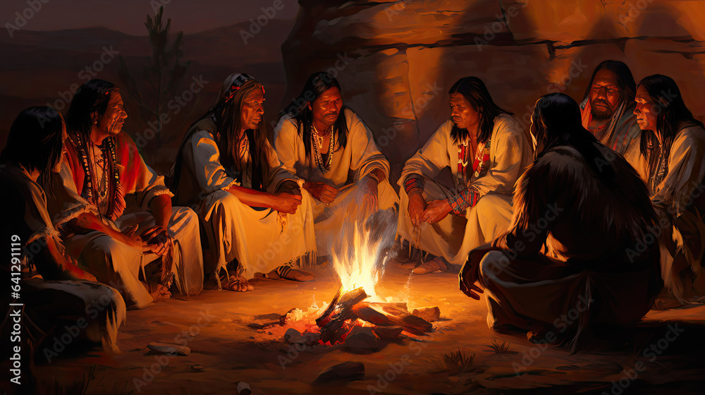 Native American storytellers sharing legends by a fire