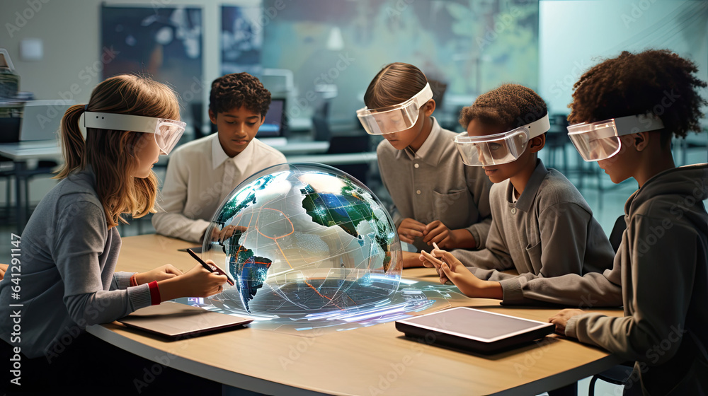 Contemporary students collaborating in a high-tech classroom Contemporary students collaborating in a high-tech classroom