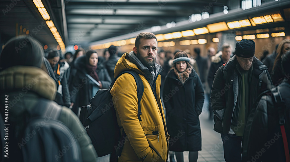 Modern commuters in a bustling subway station Modern commuters in a bustling subway station