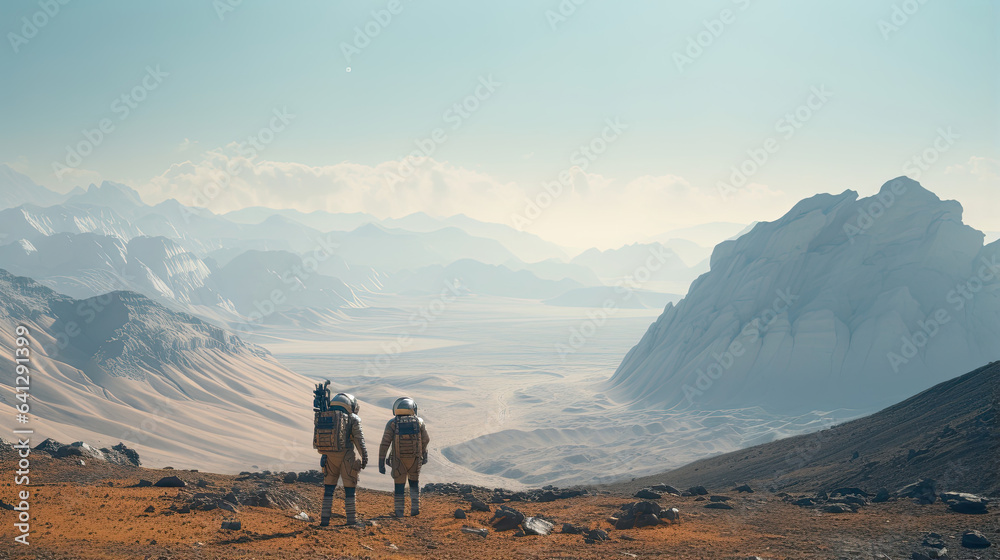Astronauts exploring a distant alien landscape