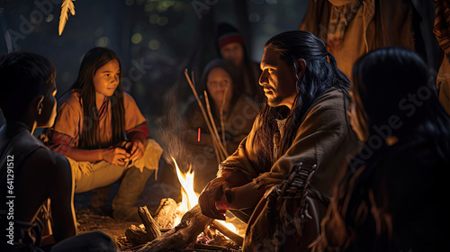 Native Americans sharing stories around a campfire