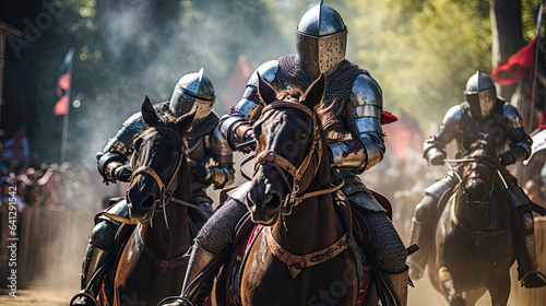 Medieval knights jousting in a grand tournament