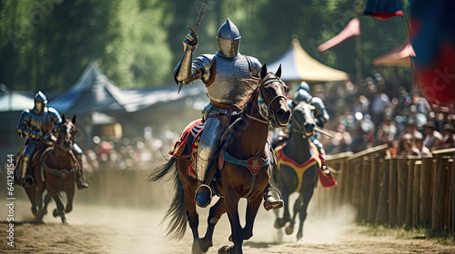 Medieval knights jousting in a grand tournament