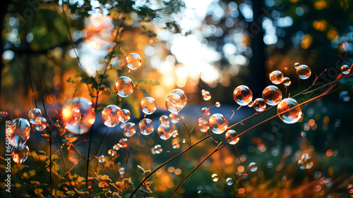 Transparent soap bubbles on plants and flowers, illuminated by the rays of the evening sun. Magic light, bokeh. Generative AI technology.