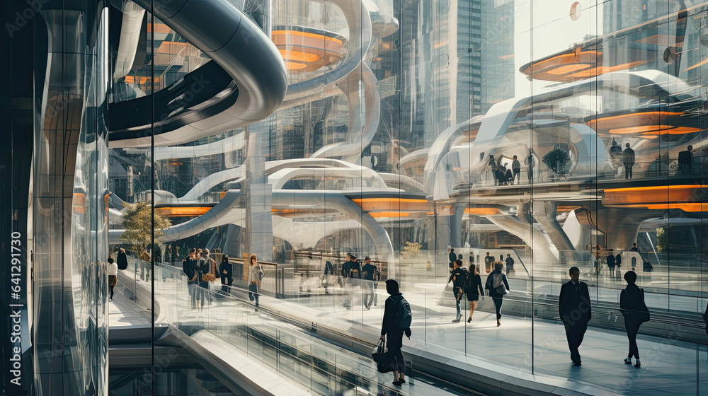 Futuristic urban dwellers in a vertical megacity - obrazy, fototapety, plakaty 