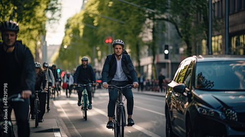 Modern commuters cycling in an eco-friendly city