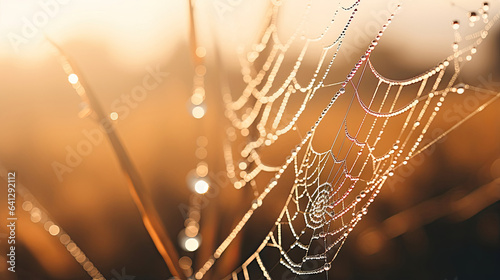 Delicate dew drops on a spider's web glistening in the morning sun