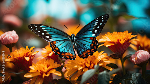 Exquisite close-up of a colorful butterfly on a blooming flower