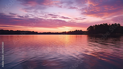 Tranquil sunset over a calm lake with hues of purple and gold