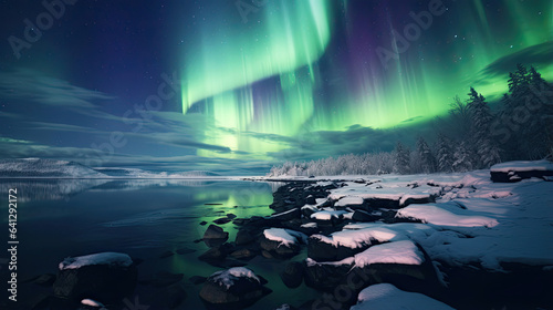 Majestic aurora borealis dancing across a winter night sky © javier