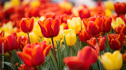 A vibrant field of tulips in various shades of red and yellow