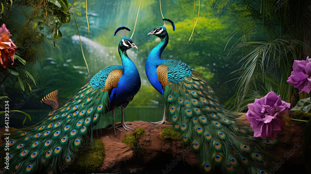 Fototapeta premium Exotic peacocks flaunting their dazzling plumage in a lush garden, capturing nature's artistry