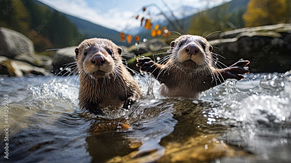 Playful otters frolicking in a crystal-clear mountain stream, their joyful antics on full display
