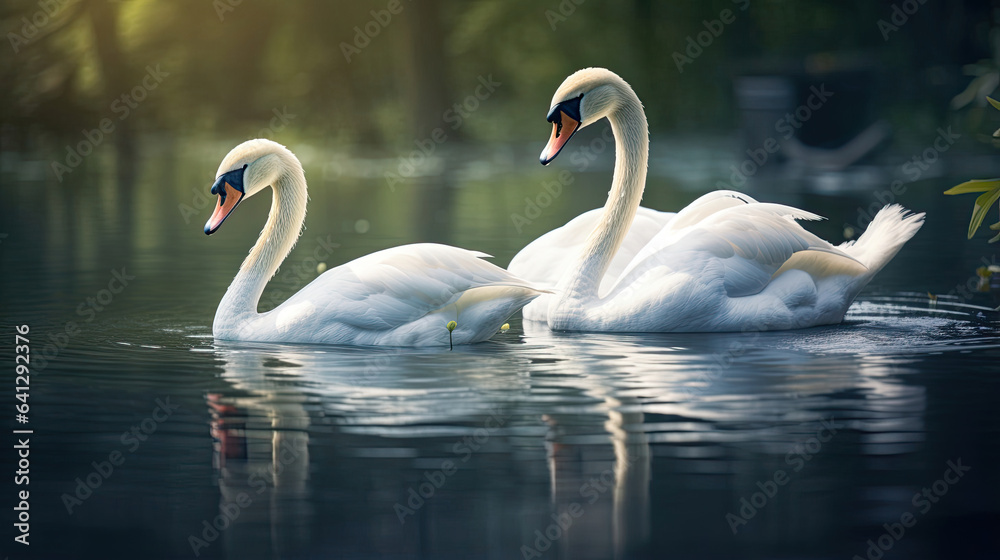 Fototapeta premium Tranquil swans gliding across the mirror-like surface of a serene lake, radiating elegance and poise