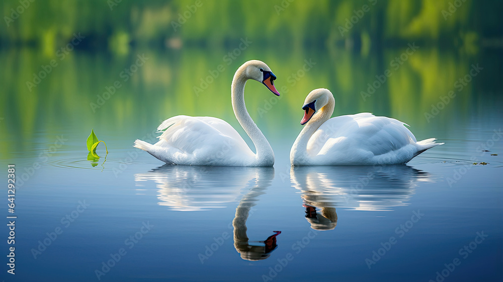 Fototapeta premium Tranquil swans gliding across the mirror-like surface of a serene lake, radiating elegance and poise
