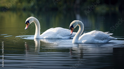 Tranquil swans gliding across the mirror-like surface of a serene lake  radiating elegance and poise