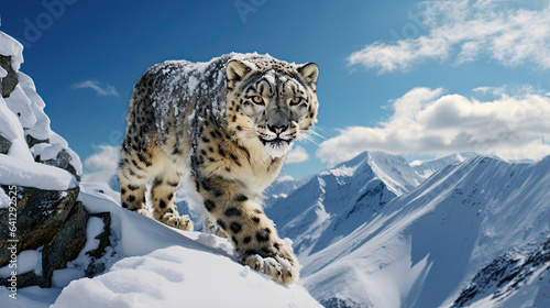 Elusive snow leopards stealthily navigating through a snowy Himalayan landscape