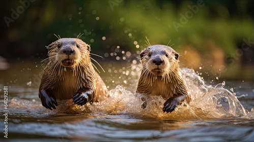 Playful otters sliding down a smooth riverbank in pure joy © javier