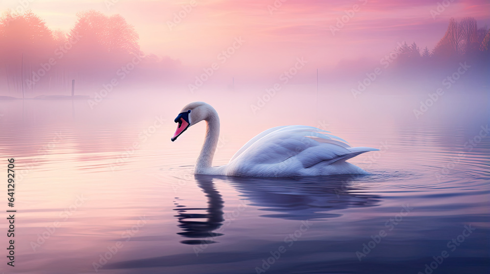 Fototapeta premium Elegant swan gliding gracefully across a serene lake at dawn