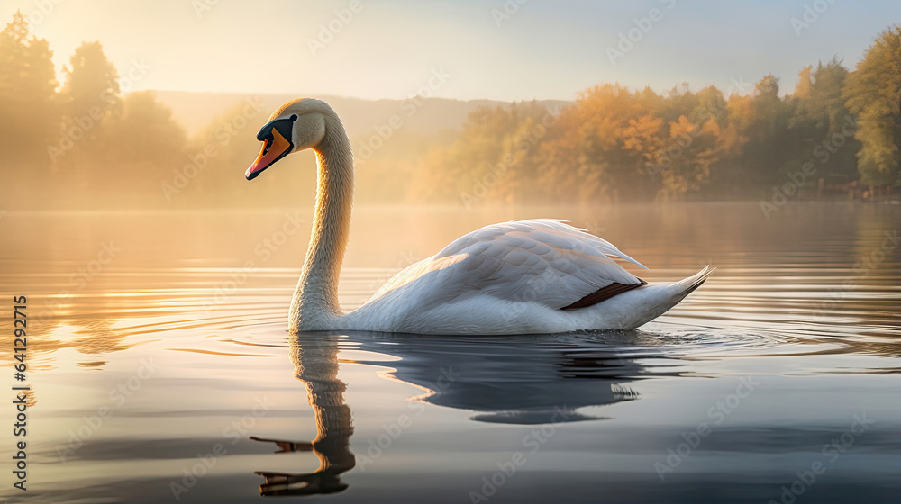 Elegant swan gliding gracefully across a serene lake at dawn Elegant swan gliding gracefully across a serene lake at dawn