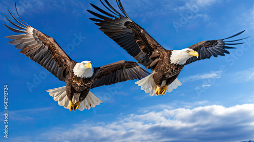 Majestic bald eagles soaring through a clear blue sky, their keen eyes focused on the world below