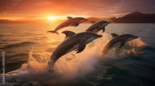 Graceful dolphins leaping in synchronized arcs above the waves, their playful spirit capturing the ocean's magic © javier