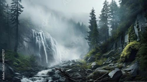 Hyperreal portrayal of a misty waterfall in the forest