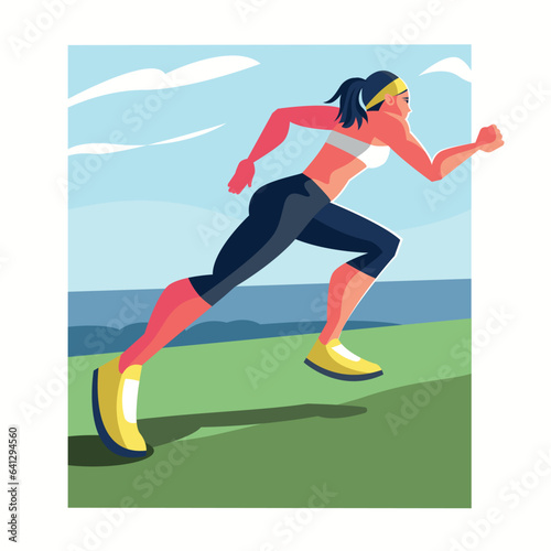 Young woman runs in the park on the street color flat illustration