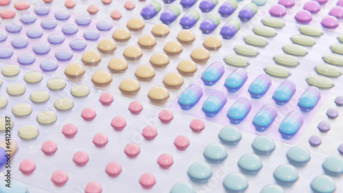 3d render health and pharma. Heap of medical pills in white, blue and other colors. Pills in plastic package. Concept of healthcare and medicine.