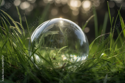 A crystal ball with a sprout, lying in the grass. Natural background. Sunny bright lighting. Photorealistic illustration. Ecological concept. Earth Day. 