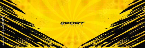 Abstract Black and Yellow Brush Background with Sunburst and Halftone Effect. Brush Stroke Illustration for Banner, Poster, or Sports Background. Scratch and Texture Elements For Design