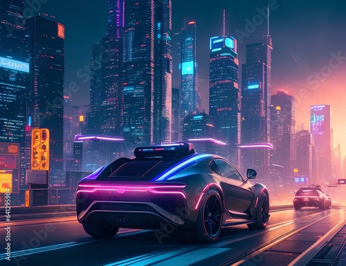 A vibrant cityscape emerges as day turns to dusk, painted in neon hues. Amid towering skyscrapers, #flyingcars glide with precision, while magnetically propelled #trains zoom past, illuminated by stun photo