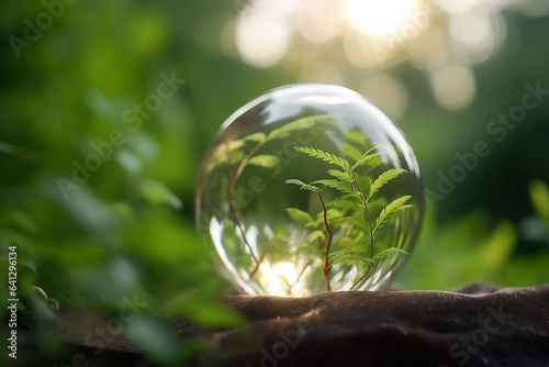 A crystal globe with a tree. Natural background. Sunny bright lighting. Photorealistic illustration. Ecological concept. Earth Day.  © Mariia Mazaeva
