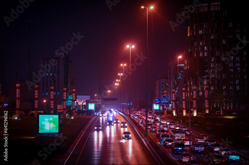 Night traffic on the road in Riyadh, Saudi Arabia. Night traffic.