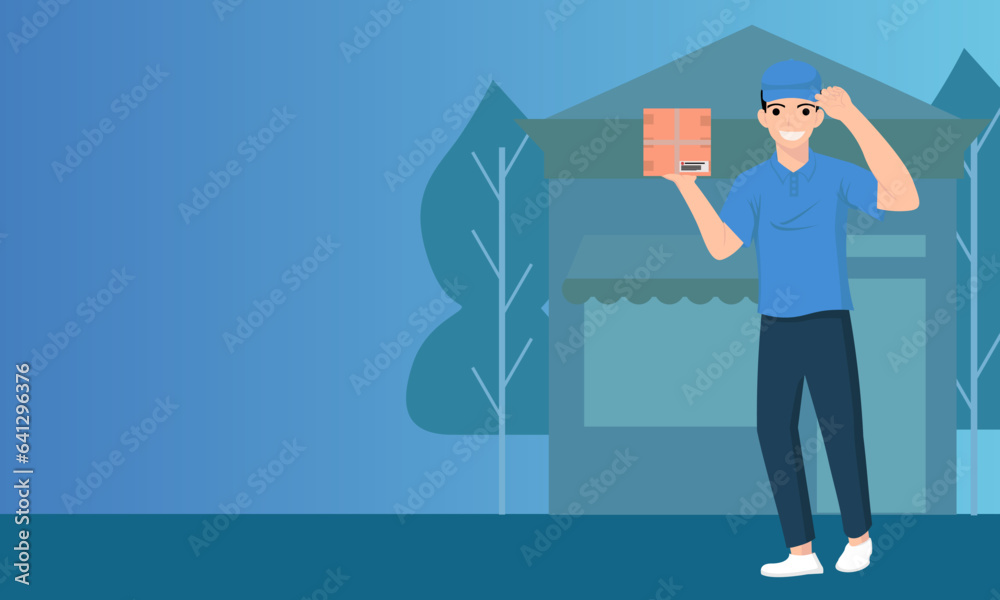 Obraz premium Illustration vector graphic of delivery courier character. Perfect for logistics and technology concept, design elements, advertisement, banner, flyer, etc.