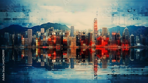 Glitch art of a city skyline made with Ai generative technology