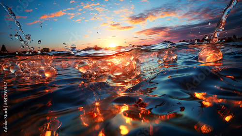Transparent soap bubbles on the clear blue water of the sea or other body of water, illuminated by the rays of the evening sun. Generative AI technology. © Grycaj