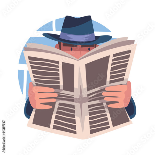 Man Spy Character Investigating Pretending Reading Newspaper Vector Illustration