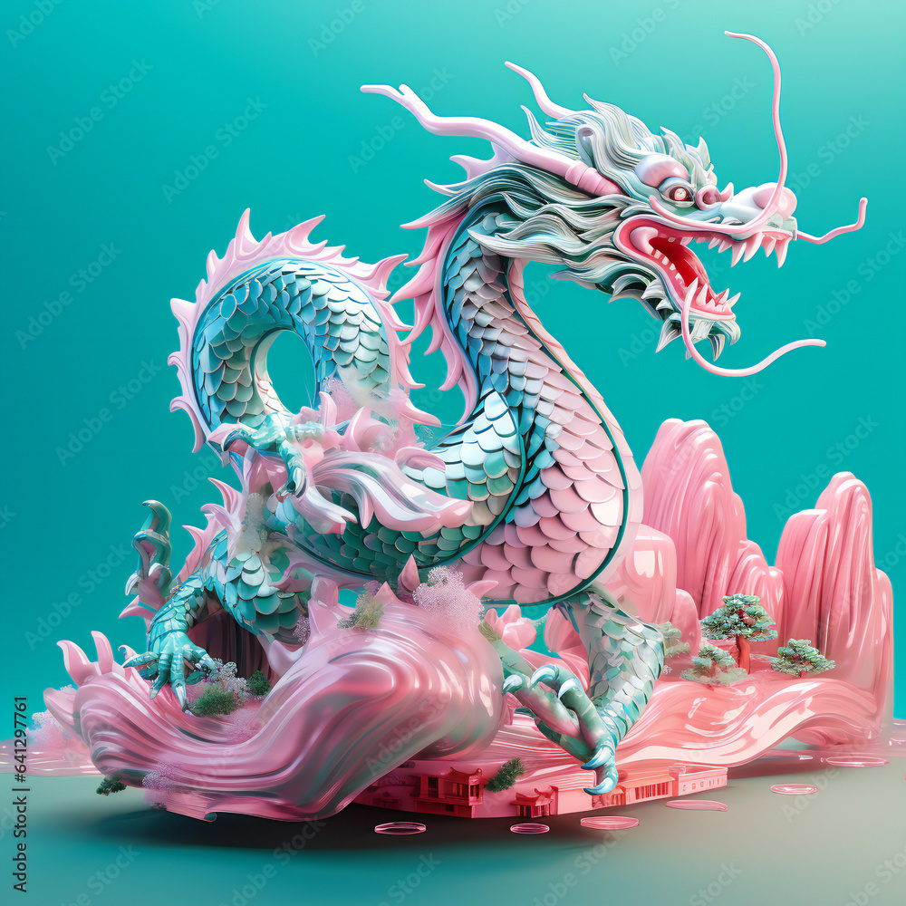 Pink and Green Dragon on a Green Surface: Lunar Year of the Dragon Concept. chinese dragon statue