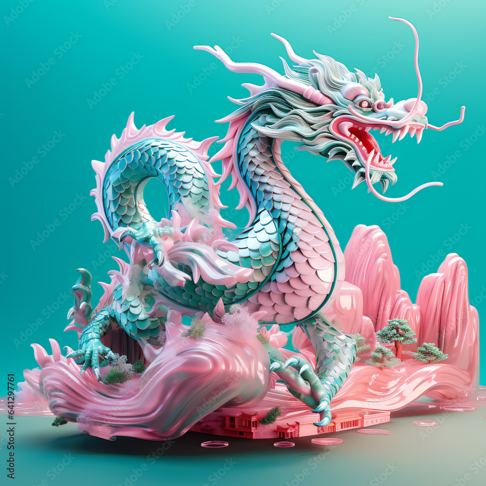Pink and Green Dragon on a Green Surface: Lunar Year of the Dragon Concept. chinese dragon statue Pink and Green Dragon on a Green Surface: Lunar Year of the Dragon Concept. chinese dragon statue