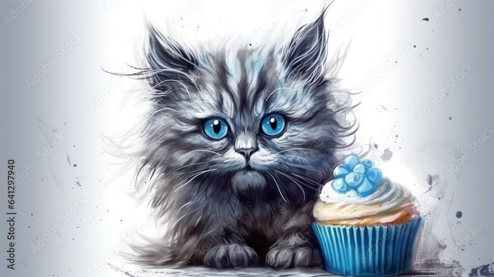Cat with long fur and blue eyes with a birthday cupcake graphic illustration