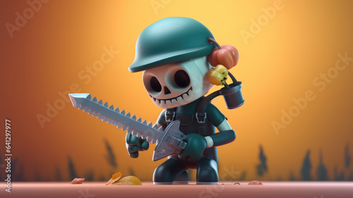 3d cute mascot cartoon character chainsawman ,isolated on pastel blurred background, design for greeting card, halloween them photo