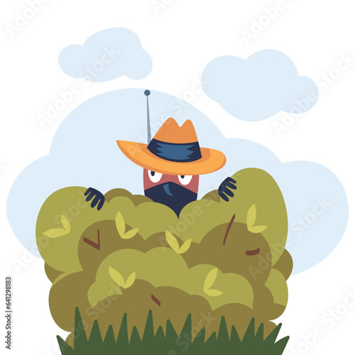 Man Spy Character in Mustard Hat Hiding Behind Bush Investigating Vector Illustration