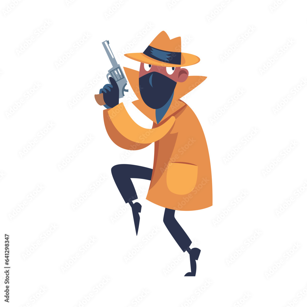 Man Spy Character in Mustard Coat and Hat Sneaking with Handgun Investigating Vector Illustration