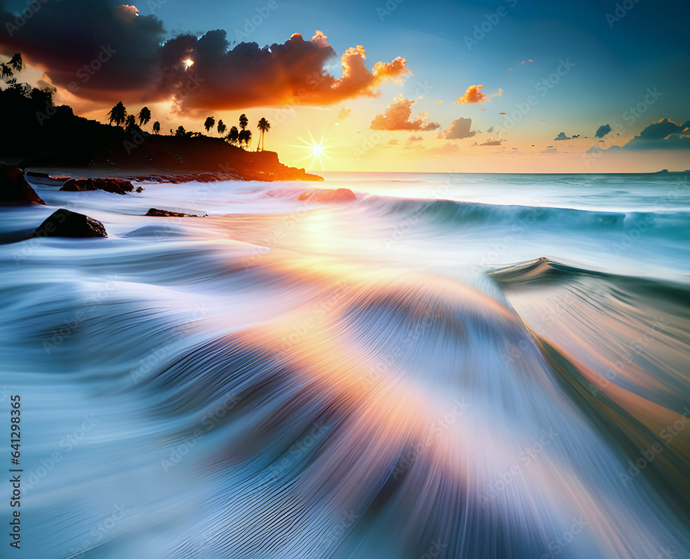 Close-up of clear, flawlessly beautiful waves crashing on the shore accompanied by the silhouette of the island's palm trees at sunset.