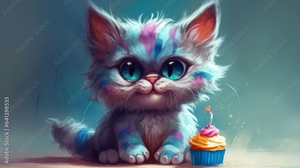 Sweet Kitten colorful happy smiling friendly cute little cat baby with a cupcake celebrating birthday decoration for kids children room wallpaper or cards - obrazy, fototapety, plakaty 