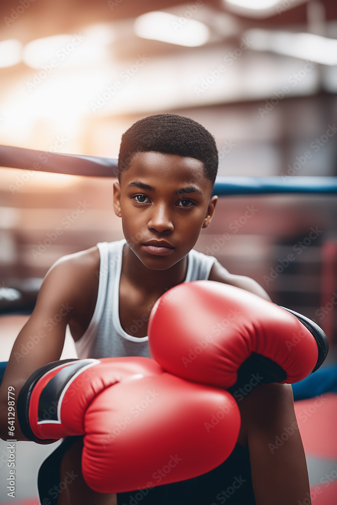 Serious teen in red boxing gloves at face level near benches looking at camera on blurred background
