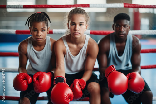 Teenagers in sportswear with red boxing gloves on hands sitting near boxing ring and looking at camera in gym © Adrin