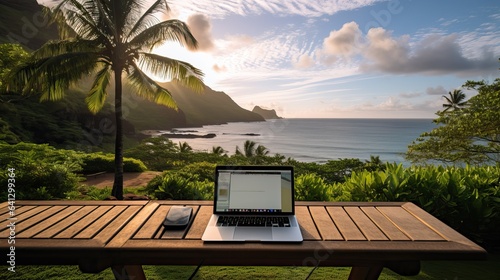 Laptop and smartphone in the foreground of a tropical beach landscape, concept of living as a digital nomad and entrepreneurship